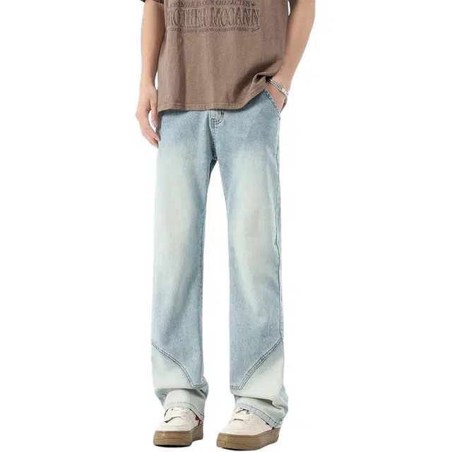 童先森 直筒薄款美式高街宽松拼接休闲长裤牛仔裤 男款