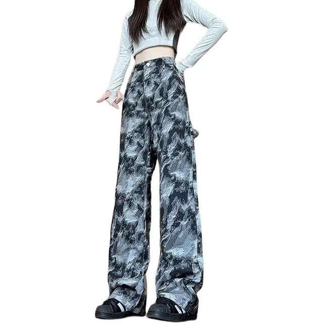 沃马 美式复古迷彩宽松直筒提花学院流行牛仔裤 男女同款