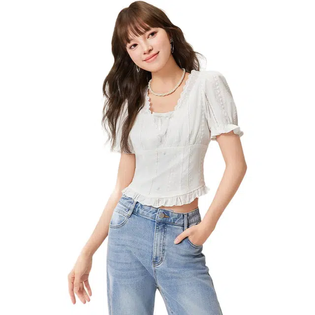 爱依服 法式甜美纯色短袖衬衫 女款