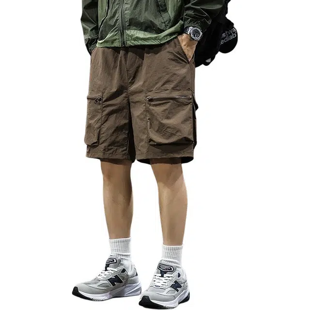 前进牛 美式户外机能慵懒速干透气大口袋拉链工装薄款宽松五分裤休闲短裤 男女同款