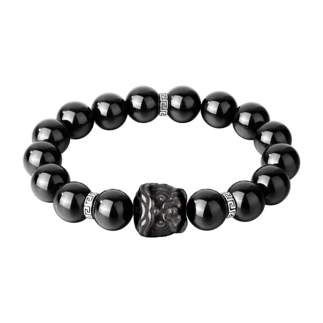 【时来运转】 老凤祥 好运醒狮 国潮时尚大方气质高级感 精致轻奢简约日常百搭 古玩文玩转运珠天然 黑曜石 手串 男女同款情侣款