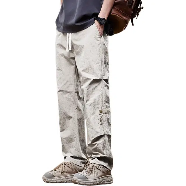 童先森 美式潮牌舒适百搭潮流时尚简约直筒适中中腰宽松纯色系带长裤休闲裤 男款