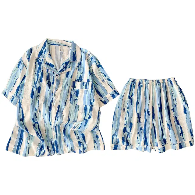 俏韵 翻领夏季云朵棉短袖短裤简约条纹大码家居服可外穿睡衣套装 男款