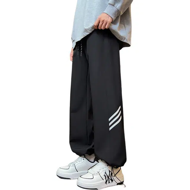 么宁 条纹宽松直筒舒适透气简约百搭运动休闲裤 男女同款