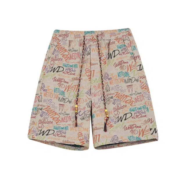 明尼凯 美式潮牌彩绘字母满印涂鸦设计夏威夷沙滩度假风松紧系带宽松直筒阔腿百搭潮流舒适清凉透气五分情侣休闲短裤 男女同款