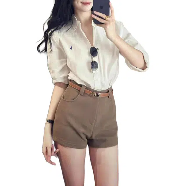 敲模女孩 美式复古老钱风刺绣宽松长袖衬衫气质百搭高腰包臀短裤休闲套装 女款