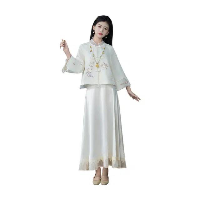 荟萃阁 新中式刺绣提花立领国风流苏袖口盘扣上衣搭配汉服半身裙裙装套装 女款