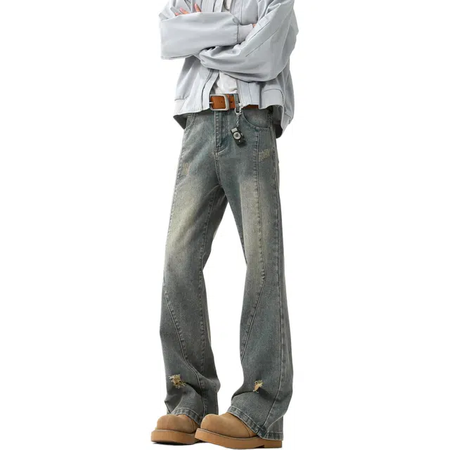 颂希尔 美式高街复古潮流破洞做旧设计感微喇宽松百搭直筒牛仔裤 男女同款