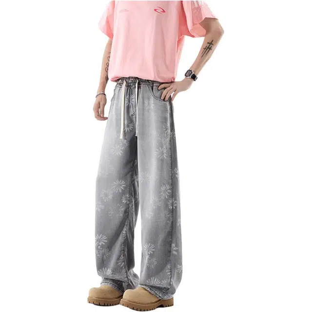 沃马 美式高街宽松直筒水洗做旧学院风牛仔裤 男女同款