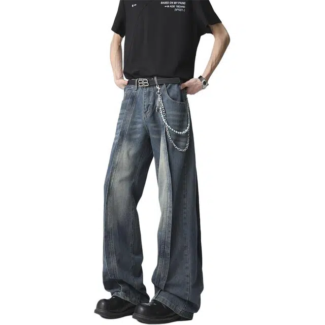 沃马 美式高街拼接弯刀水洗做旧废土风宽松直筒复古重工牛仔裤 男女同款