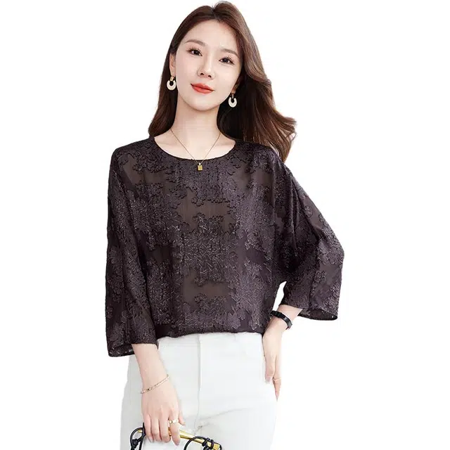 水墨佳人 提花真丝舒适百搭休闲上衣短袖衬衫 女款