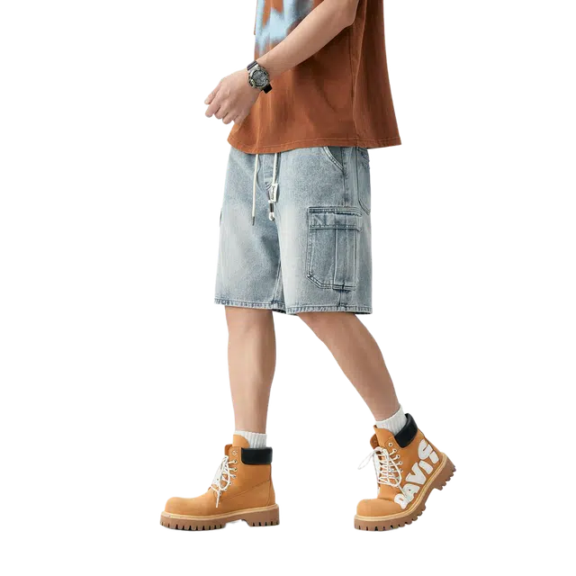 敦煌博物馆 美式复古重工水洗渐变多口袋宽松直筒舒适薄款轻量化百搭运动休闲五分牛仔短裤 男女同款