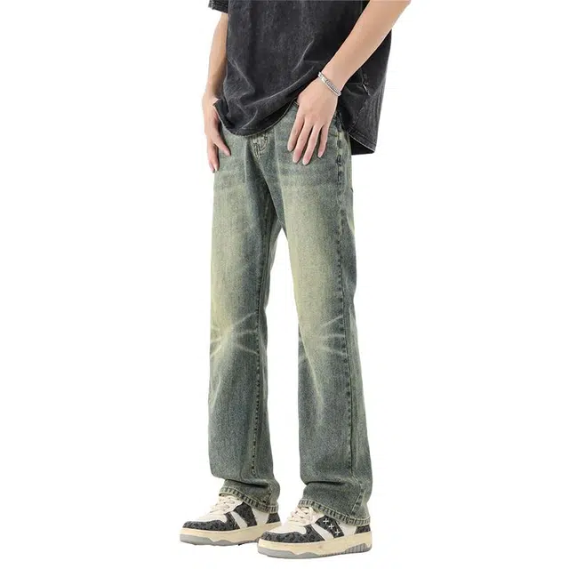 童先森 水洗做旧宽松直筒怀旧复古舒适百搭长裤牛仔裤 男款