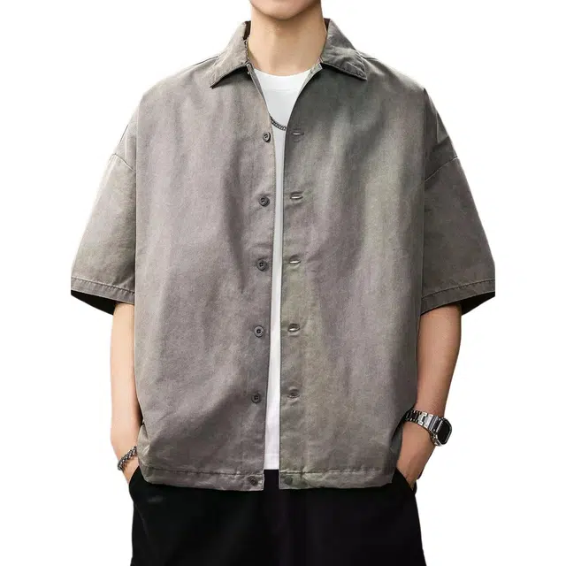 贵色 夏季 日系中性穿搭潮流复古水洗做旧短袖男士时尚纯色简约立体裁剪单排扣设计潮牌翻领休闲半袖衬衣外套衬衫 宽松 男款
