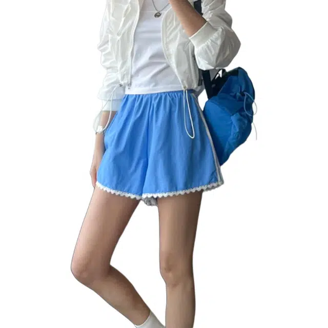 纤丝鸟 韩系小众蕾丝花边运动风裤子侧边拼条高腰阔腿裤休闲短裤 女款