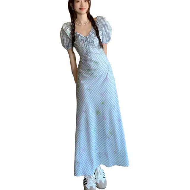 纤丝鸟 法式清新甜美风格纹别致收腰泡泡仙女裙碎花长裙短袖连衣裙 女款