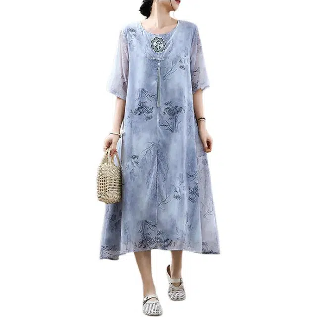 丝絮丝绸 新中式假两件洋气时尚设计感国风盘扣短袖连衣裙 女款