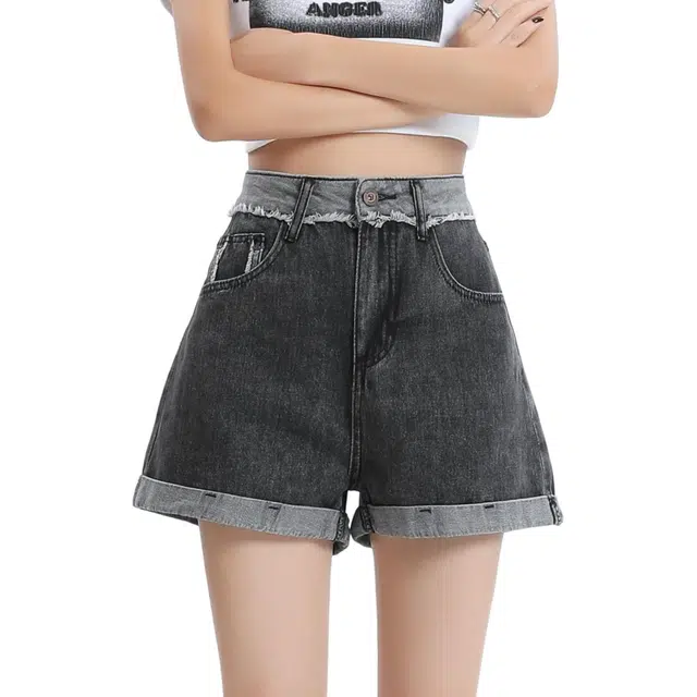 玫丝朵 水洗毛边高腰翻边直筒牛仔短裤 女款