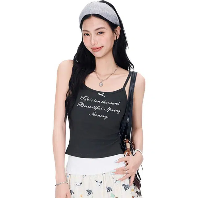 如续 美式甜辣 字母印花背心小女短款蝴蝶结修身上衣吊带 女款