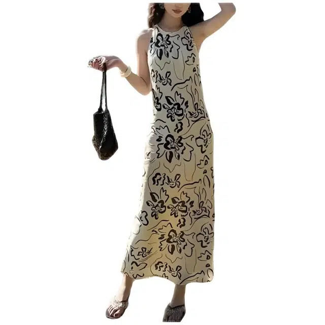 天才小熊 女装低调内涵老钱挂脖连衣裙夏季百搭时尚黑白花纹裙子 女款