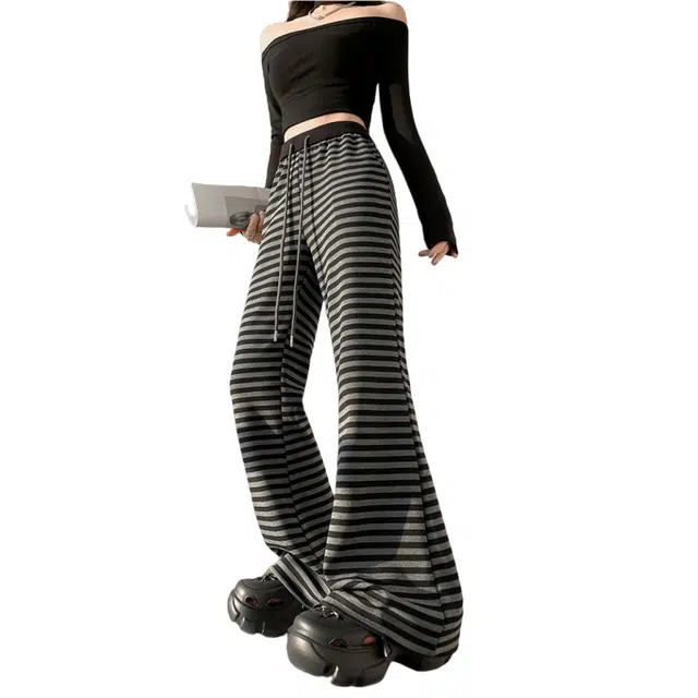 涂诗菲 针织微喇裤女运动裤慵懒风阔腿裤子时尚百搭高腰显瘦休闲裤 女款 条纹