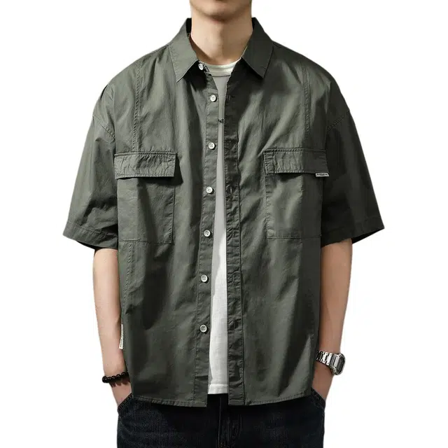 贵色 舒适慵懒薄款翻领百搭休闲衬衣美式时尚复古纯棉大码痞帅凉感冰丝工装短袖衬衫 男款