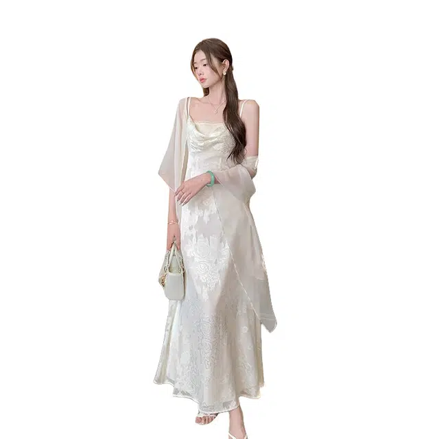 涂诗菲 新中式国风温柔气质提花吊带连衣裙简约舒适时尚开衫裙装套装 女款