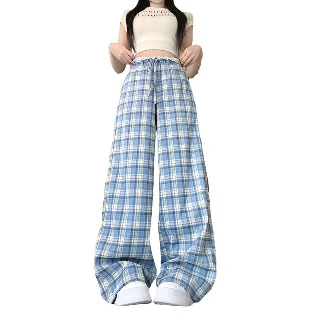 纤丝鸟 韩系蕾丝拼接格子裤慵懒风遛弯宽松直筒拖地裤休闲裤 女款