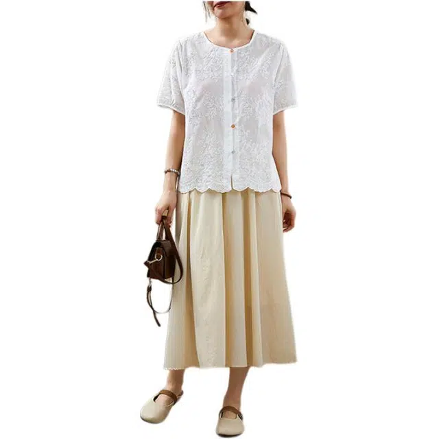 丝絮丝绸 新中式森系文艺刺绣花边设计感圆领衬衫上衣 女款