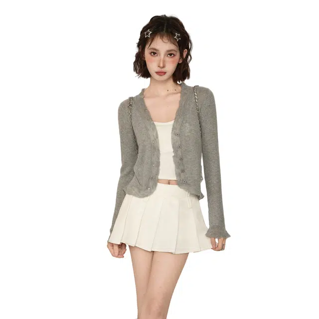 柏黛妃 纯色修身短款长袖衬衫 女款 灰色