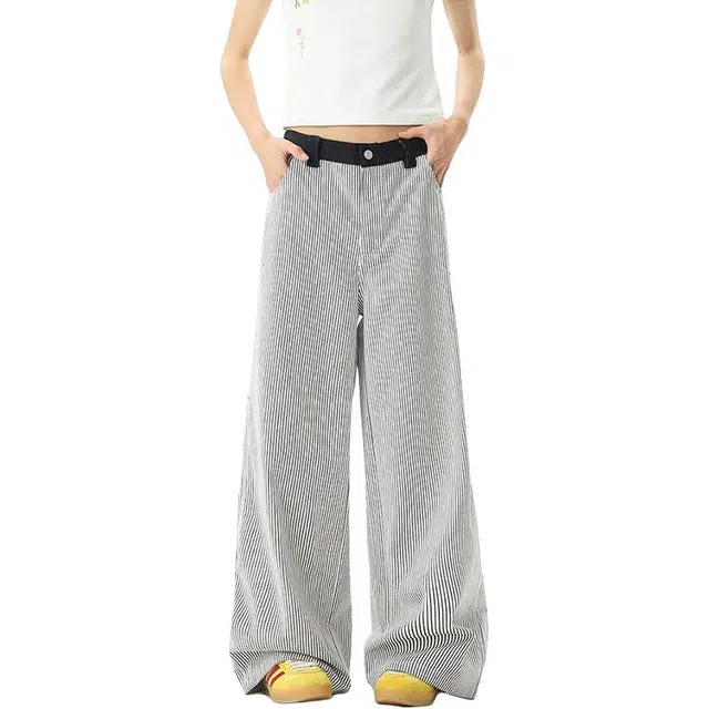 佐菲利 美式复古条纹夏季宽松直筒阔腿裤垂坠感设计感长裤子休闲裤 男女同款