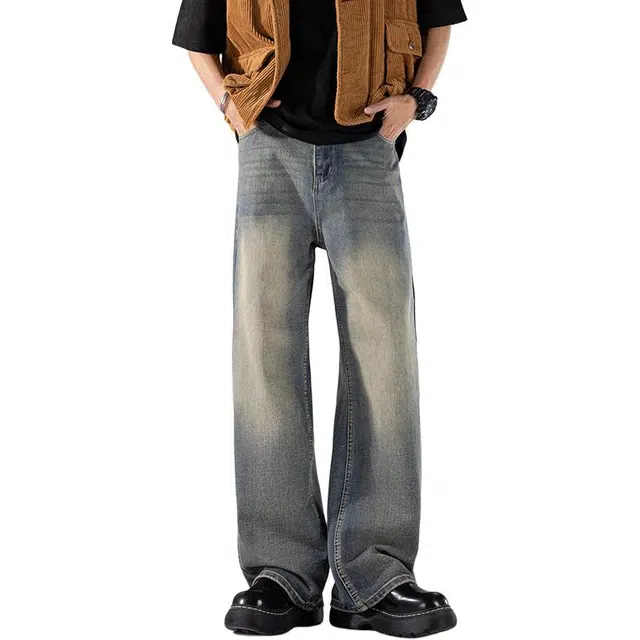 宝米卡 美式复古做旧潮牌宽松直筒废土风牛仔裤 男女同款