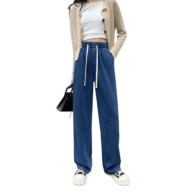 玉儿恋 纯色垂感阔腿高腰宽松直筒拖地牛仔裤 女款