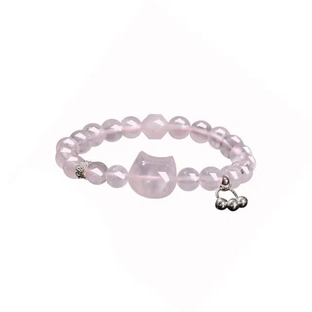 谧月珠宝 可爱星光小猫咪精致立体萌萌喵星人招财猫爪一步一响铃铛小众甜美手饰精致时尚百搭轻奢风好运天然 粉水晶 手串 男女同款情侣款