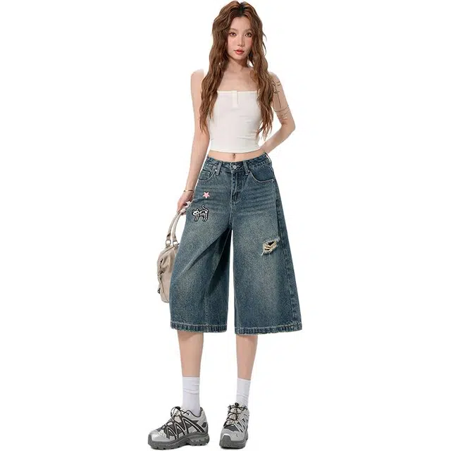拾籍 美式复古可爱女趣味小猫五角星贴布刺绣女夏季设计感破洞宽松阔腿垂感直筒牛仔七分裤 女款