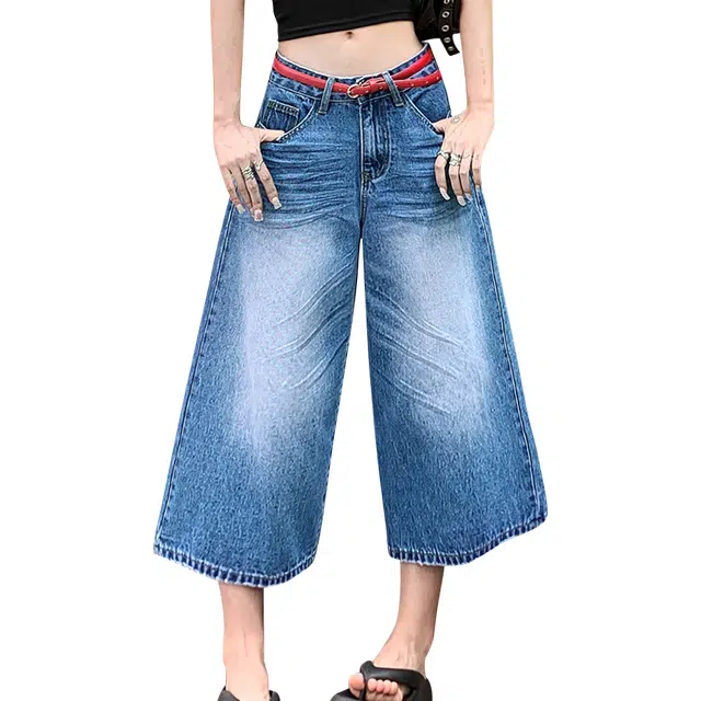 玫丝朵 美式复古宽松直筒七分牛仔短裤 女款