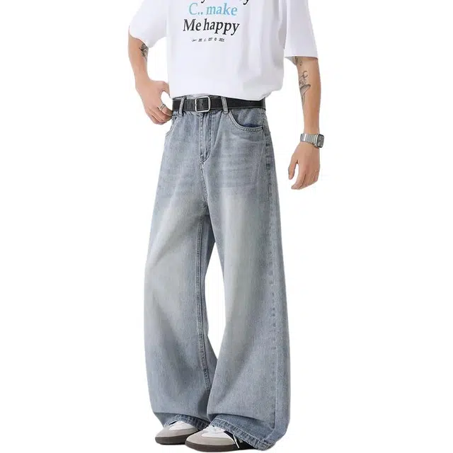 童先森 复古水洗直筒宽松潮牌美式阔腿牛仔裤 男款