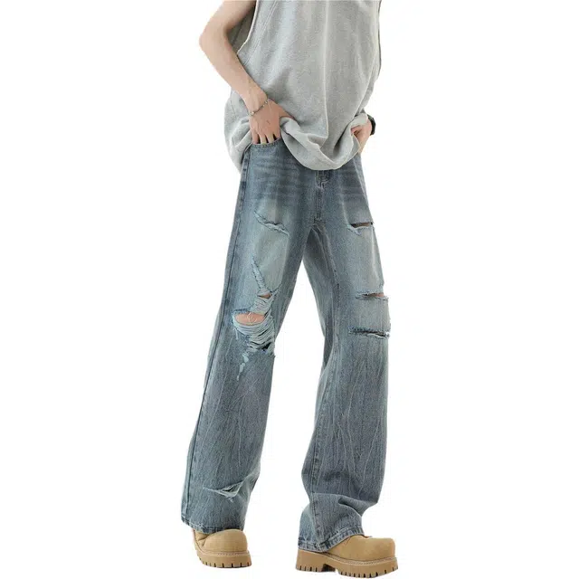 童先森 水洗怀旧破洞垂感直筒裤潮款美式高街百搭牛仔裤 男款