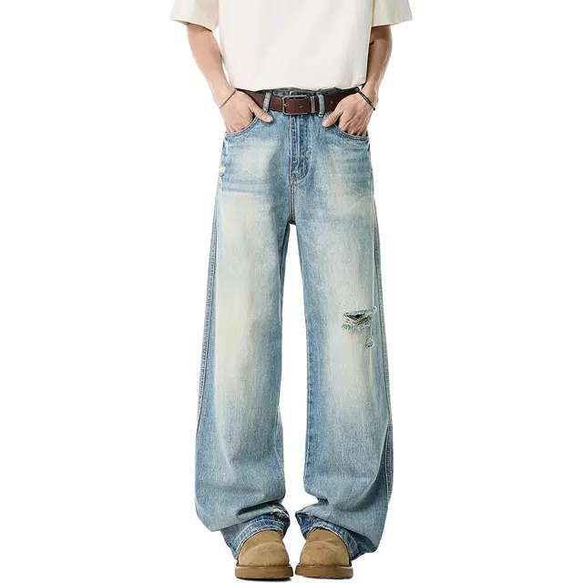 米素力 破洞夏季薄款宽松中腰长裤牛仔裤 男款