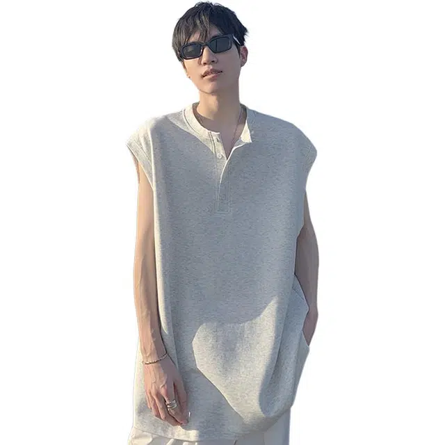 佐菲利 美式正肩复古亨利领纯色无袖背心 男女同款