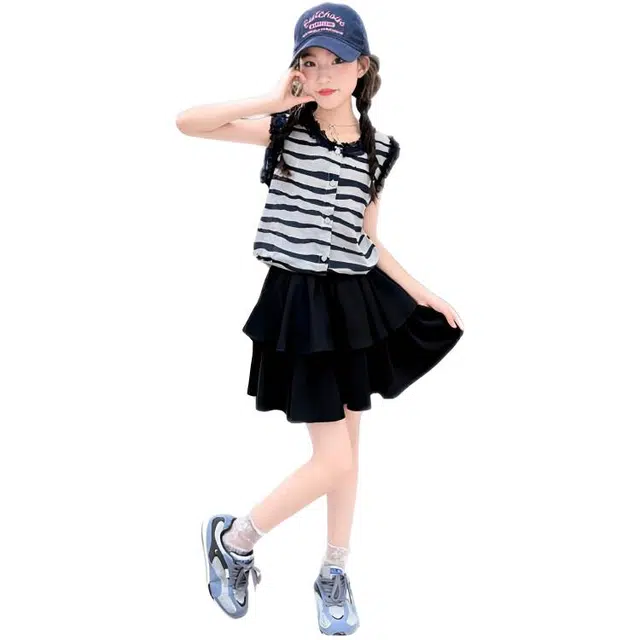 儿童款 天才小熊百搭条纹针织花边开衫凸凸裙套装 夏季女童时尚洋气甜美中大童套裙