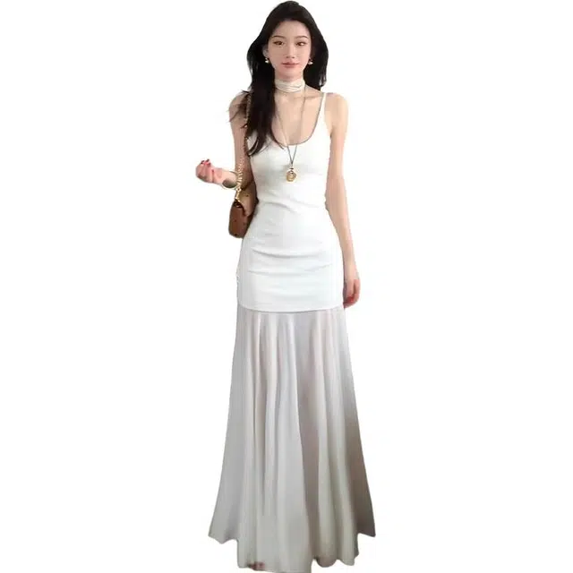 一碗士多 法式纯欲女夏季海边度假风修身针织拼接网纱长裙吊带连衣裙 女款