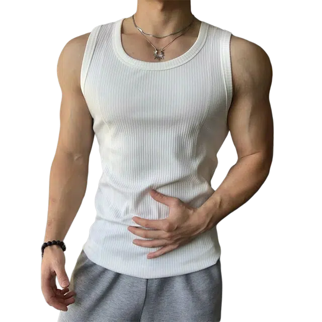 臣目 白色粗螺纹坎肩修身美式健身运动汗衫无袖夏季背心 男女同款