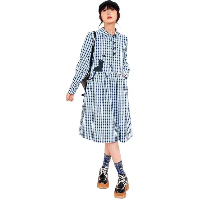 木果果木 秋季学院风宽松中长款休闲长袖连衣裙 女款 蓝格