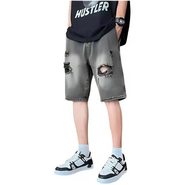 木木兔 美式做旧破洞复古潮牌牛仔短裤 男款