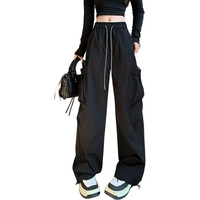 纤丝鸟 韩版时尚宽松两穿工装高腰运动舒适百搭长裤休闲裤 女款