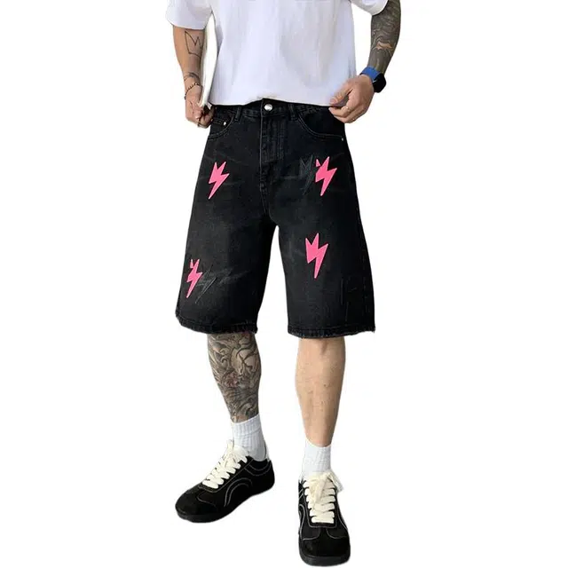 宝米卡 美式高端宽松直筒五分裤复古高街拼皮闪电牛仔短裤 男女同款