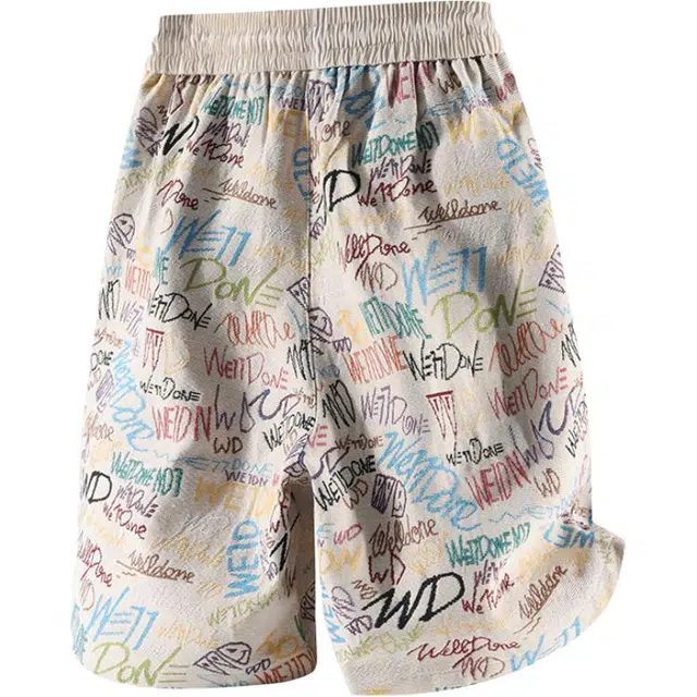 棉基因 美式高街嘻哈街头复古简易涂鸦宽松简约透气松紧腰无性别主义日常通勤基础五分休闲短裤 男女同款