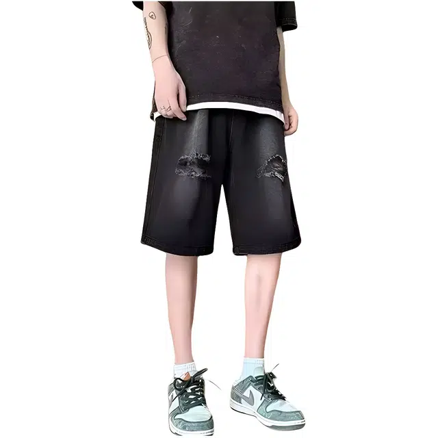 木木兔 美式破洞复古潮牌修身休闲百搭小众时尚直筒设计感五分裤牛仔短裤 男款