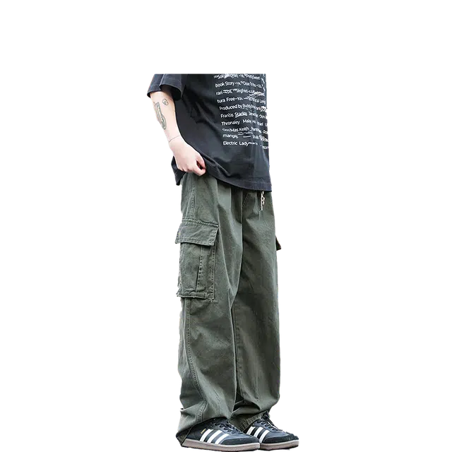 港仔文艺男 拼接结构侧面口袋肤感户外运动垂感工装裤日系复古宽松百搭休闲裤 男女同款
